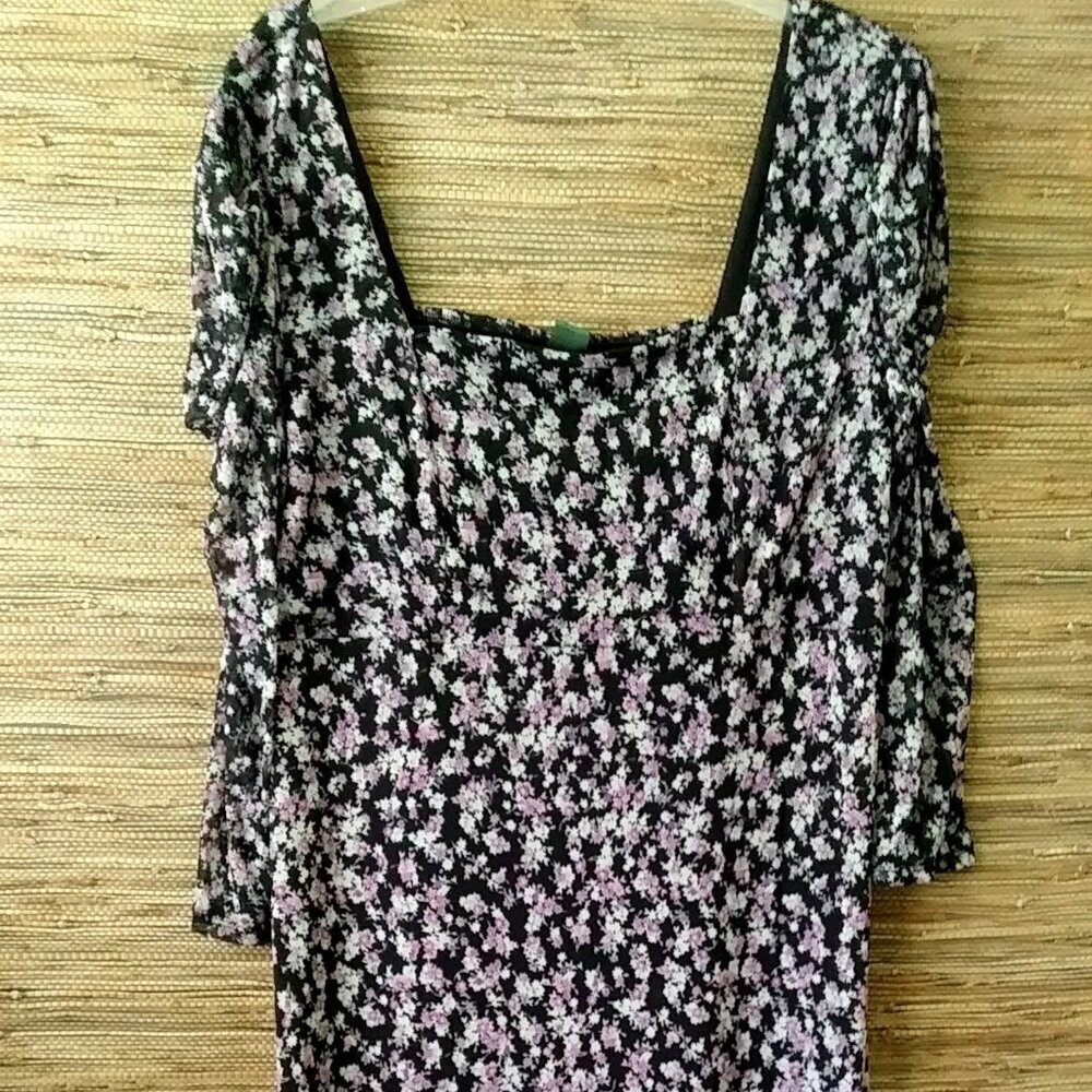 🌸 Wild Fable XL Black Floral Midi Dress | Smocked Bodice, Sheer Sleeves